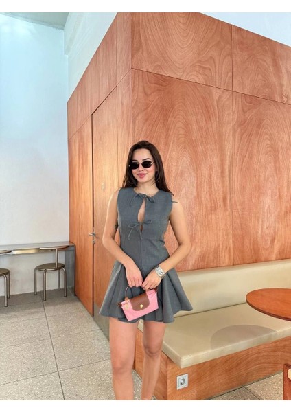 Bağcık Detaylı Kolsuz Mini Elbise - Antrasit indirimleri