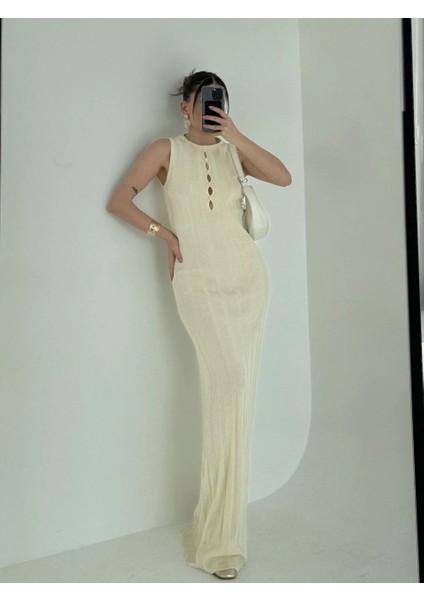 Kalın Fitilli Uzun Triko Elbise - Kırık Beyaz