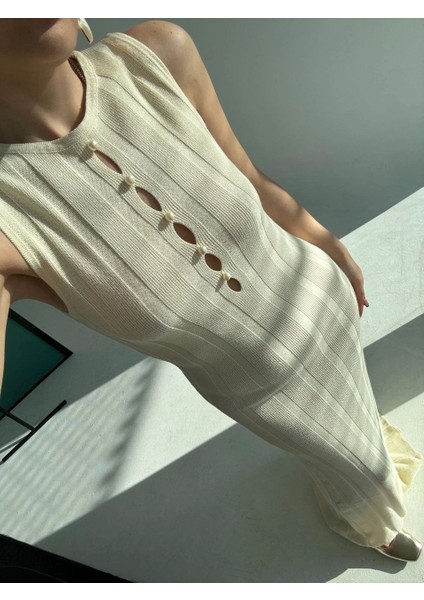 Kalın Fitilli Uzun Triko Elbise - Kırık Beyaz fırsatları