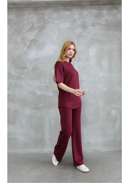 Osy Modal Yumuşak Dokulu Kumaş Bisiklet Yaka Taş Detaylı Kısa Kollu Takım - Bordo