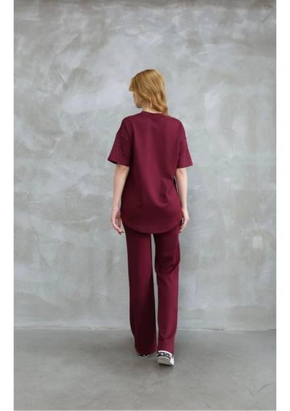Osy Modal Yumuşak Dokulu Kumaş Bisiklet Yaka Taş Detaylı Kısa Kollu Takım - Bordo fiyatları
