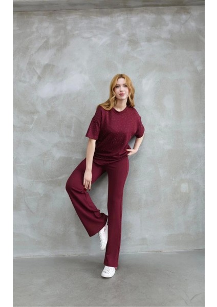 Osy Modal Yumuşak Dokulu Kumaş Bisiklet Yaka Taş Detaylı Kısa Kollu Takım - Bordo modelleri