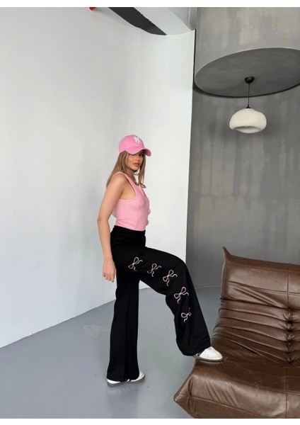 Osy Modal Yumuşak Dokulu Kumaş Nakış Işlemeli Rahat Bol Paça Eşofman Pantalon - Siyah fiyatları