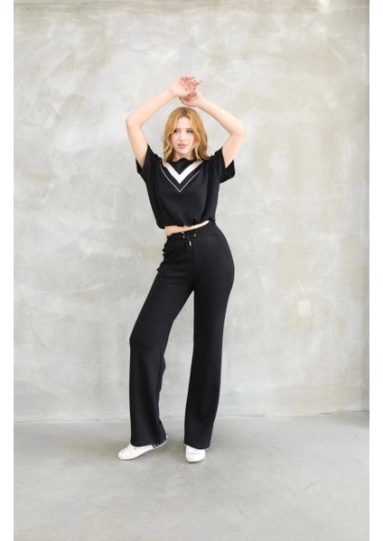 Osy Modal Yumuşak Dokulu Kumaş Bisiklet Yaka Parçalı Detaylı Kısa Kollu Takım - Siyah