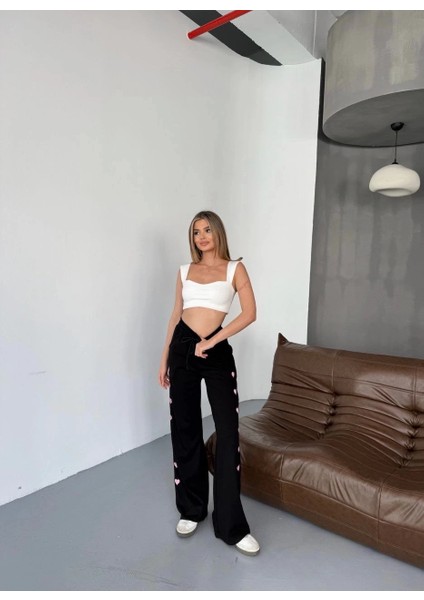Osy Modal Yumuşak Dokulu Kumaş Nakış Işlemeli Rahat Bol Paça Eşofman Pantalon - Siyah fiyatları