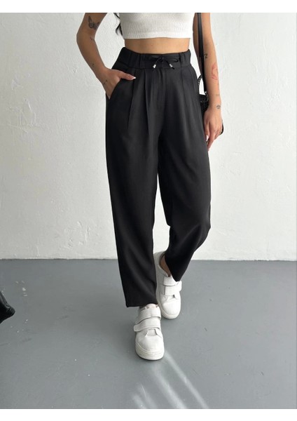 Kadın Yüksel Bel Beli Bağcıklı Rahat Cepli Boru Paça Pantalon - Siyah
