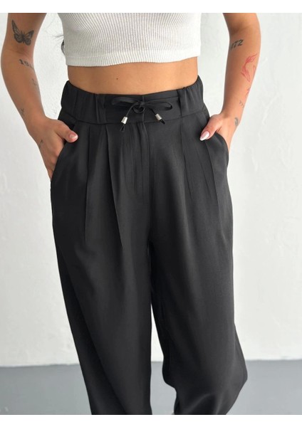 Kadın Yüksel Bel Beli Bağcıklı Rahat Cepli Boru Paça Pantalon - Siyah fiyatları