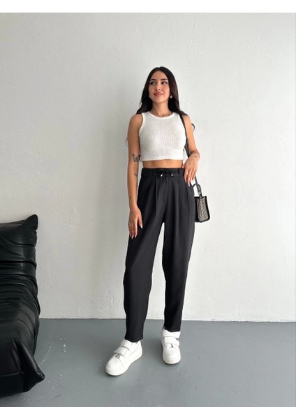 Kadın Yüksel Bel Beli Bağcıklı Rahat Cepli Boru Paça Pantalon - Siyah modelleri