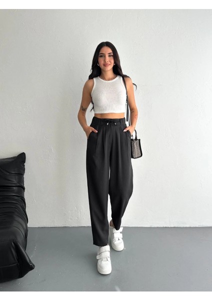 Kadın Yüksel Bel Beli Bağcıklı Rahat Cepli Boru Paça Pantalon - Siyah fırsatları