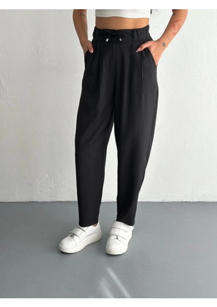 Kadın Yüksel Bel Beli Bağcıklı Rahat Cepli Boru Paça Pantalon - Siyah indirimleri