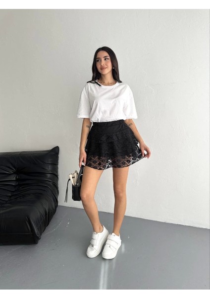 Dantel Beli Lastikli Şortlu Mini Etek - Siyah
