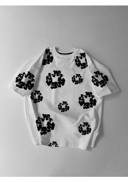 Ön ve Arka Baskılı Oversize Bisiklet Yaka T-Shirt- Beyaz
