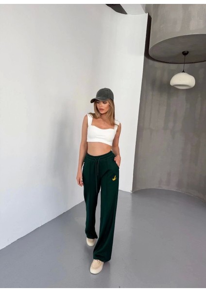 Osy Modal Yumuşak Dokulu Kumaş Nakış Işlemeli Rahat Bol Paça Eşofman Pantalon - Yeşil