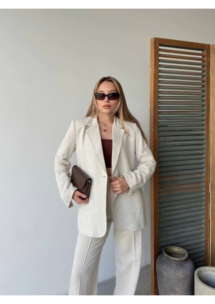 Keten Ceket Pantolon Ilik Düğmeli Uzun Kollu Yırtmaçlı Ikili Takım - Beyaz