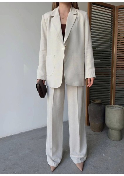 Keten Ceket Pantolon Ilik Düğmeli Uzun Kollu Yırtmaçlı Ikili Takım - Beyaz modelleri