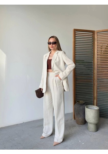 Keten Ceket Pantolon Ilik Düğmeli Uzun Kollu Yırtmaçlı Ikili Takım - Beyaz indirimleri