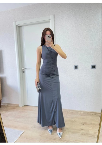 Bürümcük Kumaşlı Içi Astarlı Üzgülü Kolsuz Büzgülü Uzun Elbise - Füme modelleri