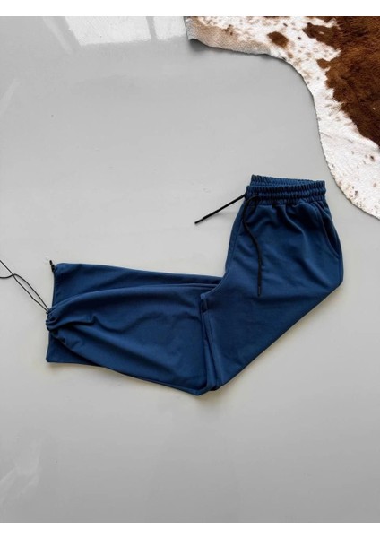 Iki Iplik Kumaş Beli Lastikli Yarı Flota Cepli Boru Paça Baggy Alt Esofman - Turkuaz