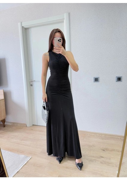 Bürümcük Kumaşlı Içi Astarlı Üzgülü Kolsuz Büzgülü Uzun Elbise - Siyah indirimleri