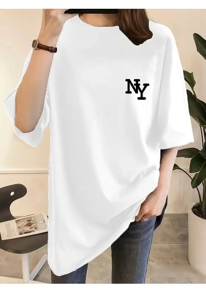 Kadın Eğlenceli Harf Ny Baskılı Bisiklet Yaka Tişört - Rahat Polyester, Makinede Yıkanabilir - Yaz ve Fitness Için Mükemmel, Yuvarlak Yaka- Beyaz