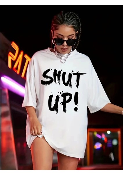 20/1 Penye Compack Oversize Beyaz Shut Up Kısa Kol Yazlık Tişört - Beyaz modelleri