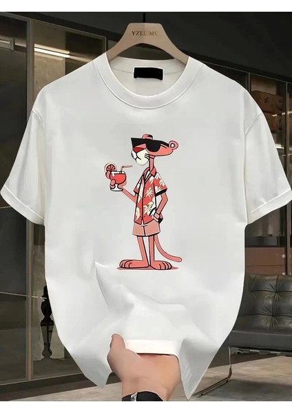 Pembe Panter Baskılı Erkek Oversize Günlük Kısa Kollu Tişört Ilkbahar ve Yaz Için Mükemmeldir - Beyaz