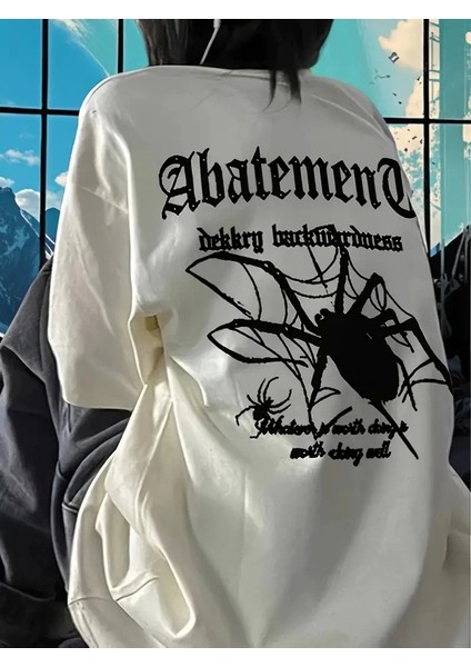 Örümcek Ağı Desenli Baskılı Oversize Bisiklet Yaka T-Shirt - Beyaz