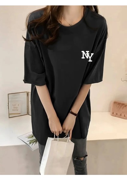 Kadın Eğlenceli Harf Ny Baskılı Bisiklet Yaka Tişört - Rahat Polyester, Makinede Yıkanabilir - Yaz ve Fitness Için Mükemmel, Yuvarlak Yaka - Siyah fiyatları
