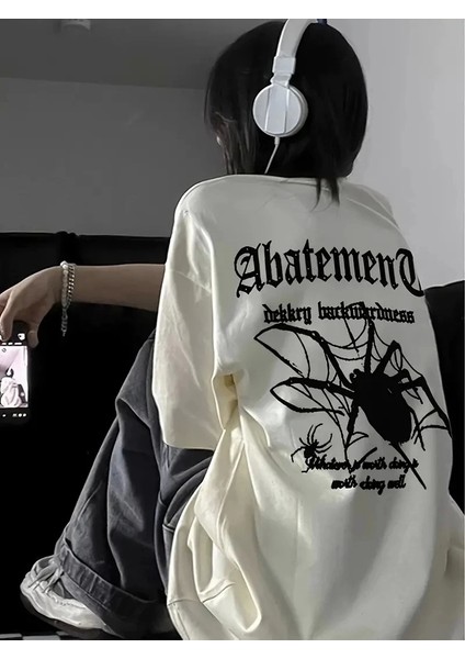 Örümcek Ağı Desenli Baskılı Oversize Bisiklet Yaka T-Shirt - Beyaz modelleri