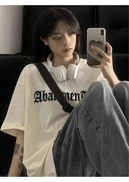 Örümcek Ağı Desenli Baskılı Oversize Bisiklet Yaka T-Shirt - Beyaz indirimleri