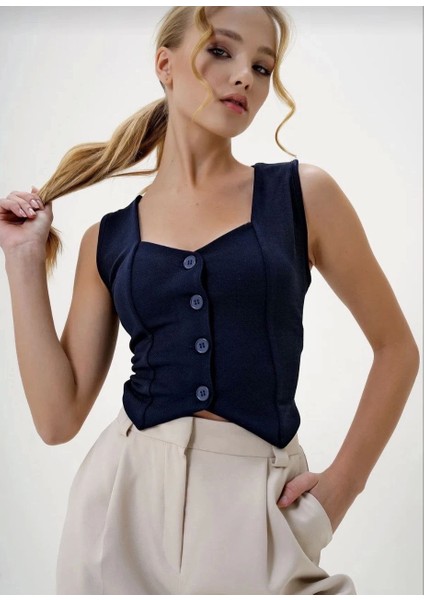 Krep Kumaş Düğmeli Yelek Lacivert S3395 modelleri
