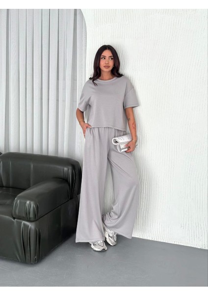 Osy Modal Yumuşak Dokulu Kumaş Bisiklet Yaka T-Shirt Bol Paça Pantalon Ikili Takım - Boyalı Gri