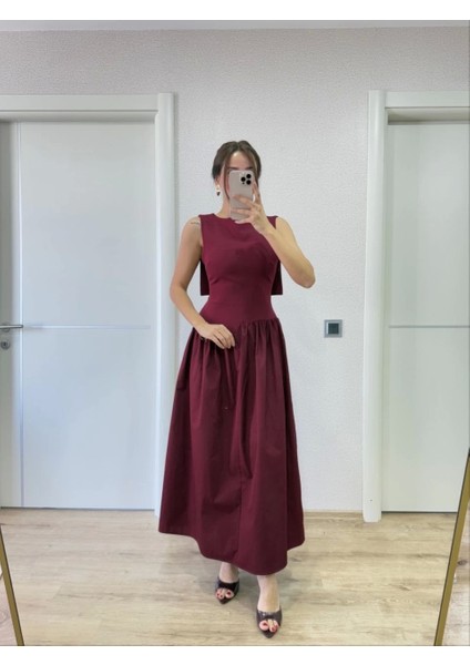 Krep Arkası Kanat Arka Ön Pens Detaylı Uzun Kadın Elbise - Bordo modelleri