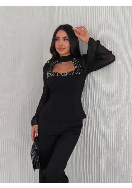 Penye Uzun Kollu Kadın Kolları Şifon Göğüste Inci Boncuk Detaylı Bluz - Siyah indirimleri