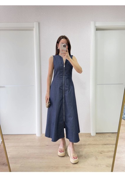 Jeans Kot Önü Tam Fermuarlı Kadın Uzun Elbise - Mavi indirimleri