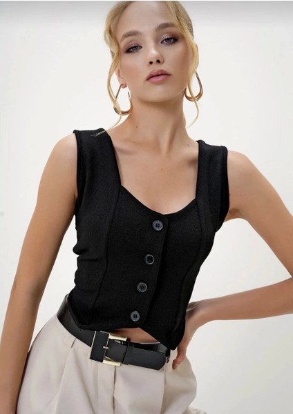 Krep Kumaş Düğmeli Yelek Siyah S3395 fiyatları