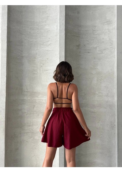 Volanlı Keten Şort Bordo S255058 modelleri