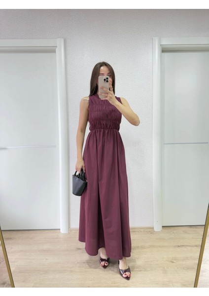 Kolsuz Göğüs Lastıklı %100 Poplin Uzun Elbise - Bordo modelleri