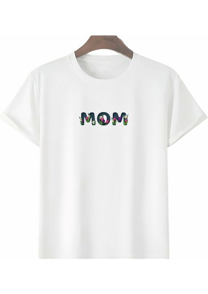 Anneler Gününe Özel Tasarım Mom Çiçek Baskılı T-Shirt - Beyaz
