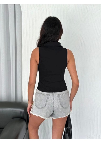 Yakalı Tam Fermuarlı Kolsuz Bluz - Siyah fiyatları