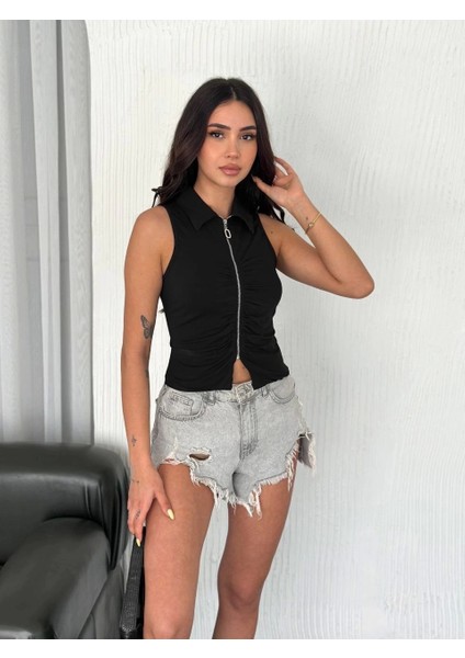 Yakalı Tam Fermuarlı Kolsuz Bluz - Siyah modelleri