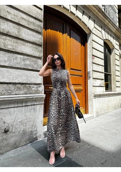 Leopar Desenli Fermuarlı Cepli Pileli Kadın Midi Elbise- Leopar modelleri