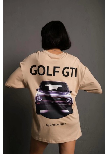 Kadın Sırt Golf Gtı Baskılı Oversize T-Shirt - Bej