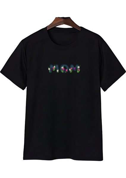 Anneler Gününe Özel Tasarım Mom Çiçek Baskılı T-Shirt - Siyah