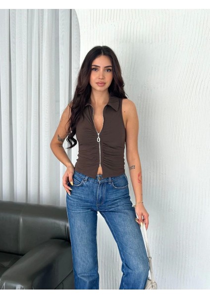Yakalı Tam Fermuarlı Kolsuz Bluz - Kahverengi fiyatları
