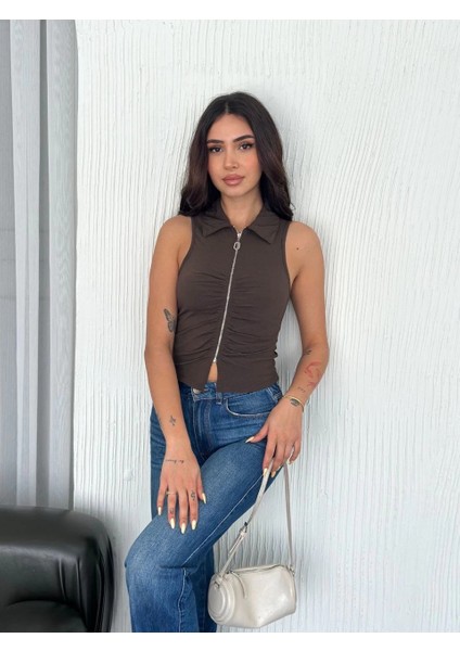 Yakalı Tam Fermuarlı Kolsuz Bluz - Kahverengi indirimleri