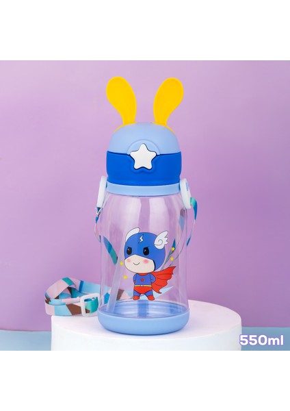 21.0009-1 Matara Tavşan Temalı Stickerlı Askılı Suluk - Su Şişesi - Mavi 550ML
