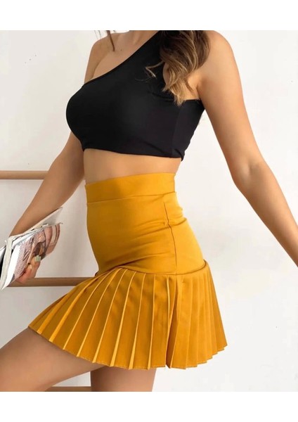 Altı Pliseli Mini Etek Hardal S24705 fiyatları