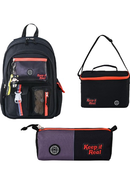3 Bölmeli Black Okul Sırt Çantası + Beslenme Çantası + Kalemlik