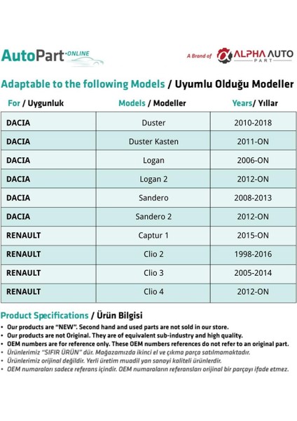 Dacia Duster, Logan, Logan 2 Için Motor Kaput Açma Kolu modelleri